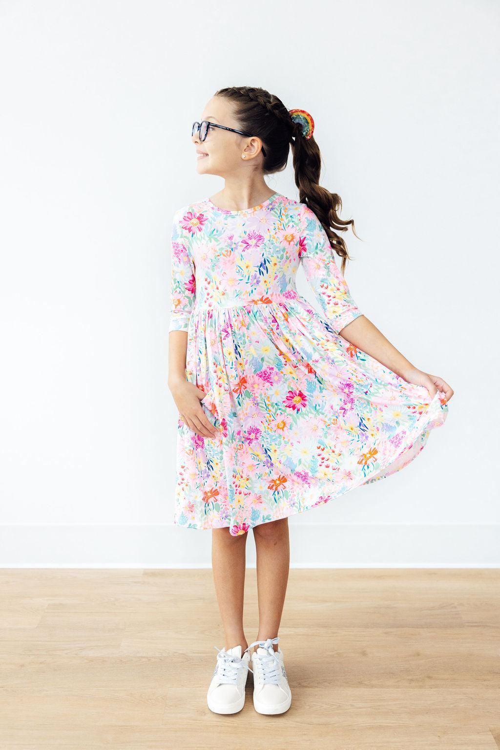 Field of Flowers 3/4 Sleeve Pocket Twirl Dress - Aaria Tees Aaria Tees