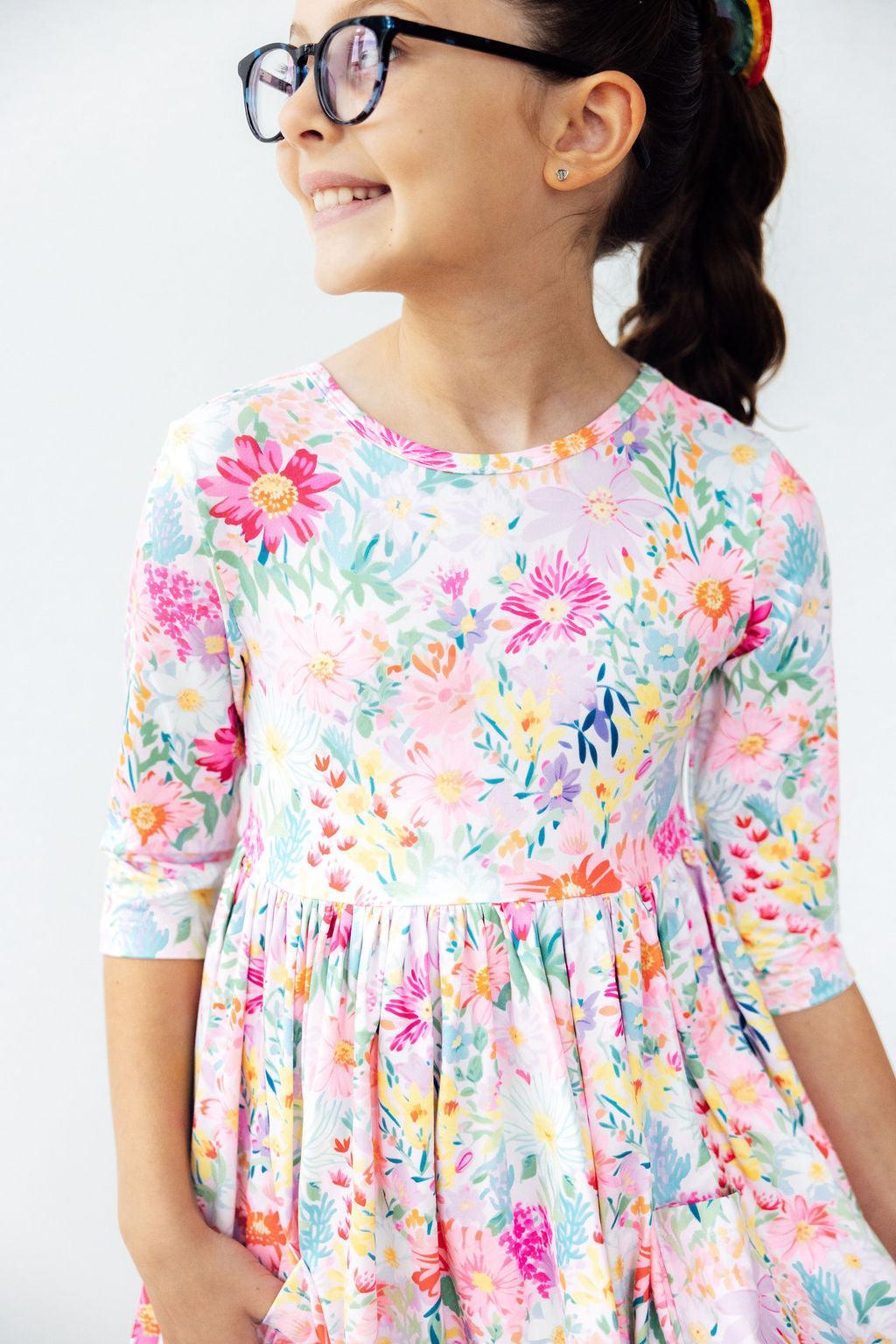 Field of Flowers 3/4 Sleeve Pocket Twirl Dress - Aaria Tees