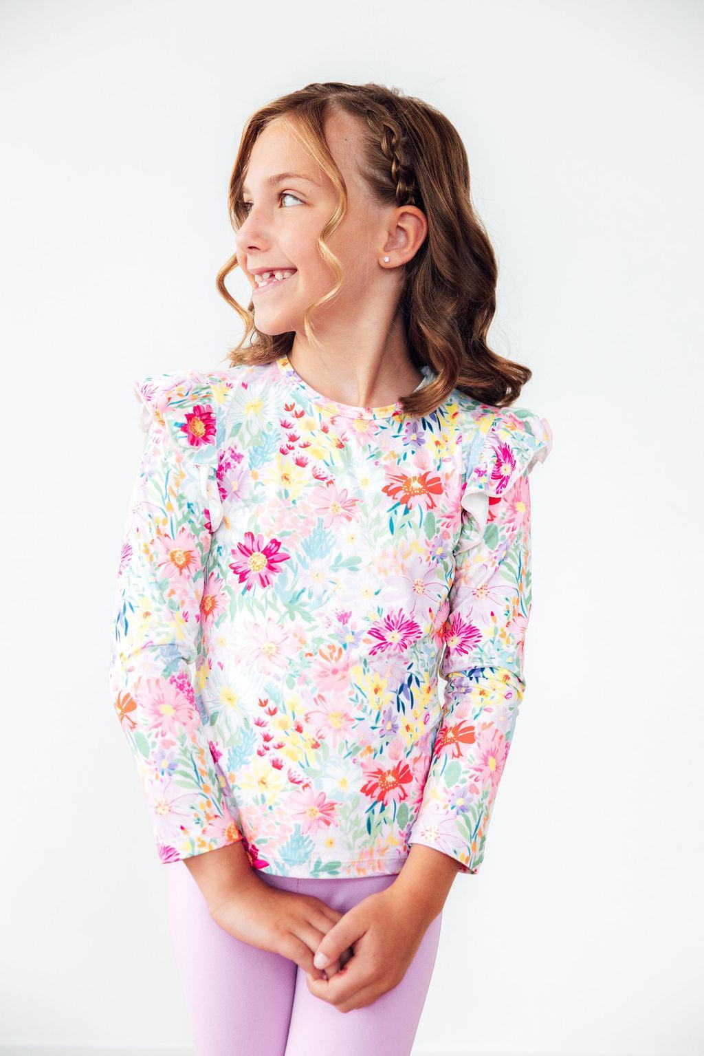 Field of Flowers L/S Ruffle Tee - Aaria Tees Aaria Tees