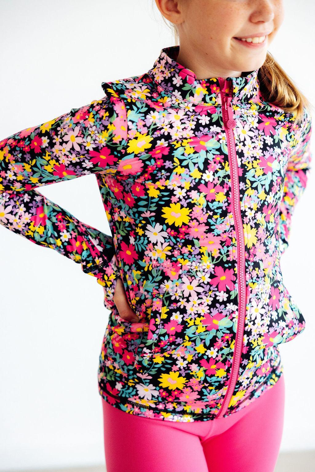 SALE Flexible Floral Full-Zip Ruffle Active Jacket - Aaria Tees