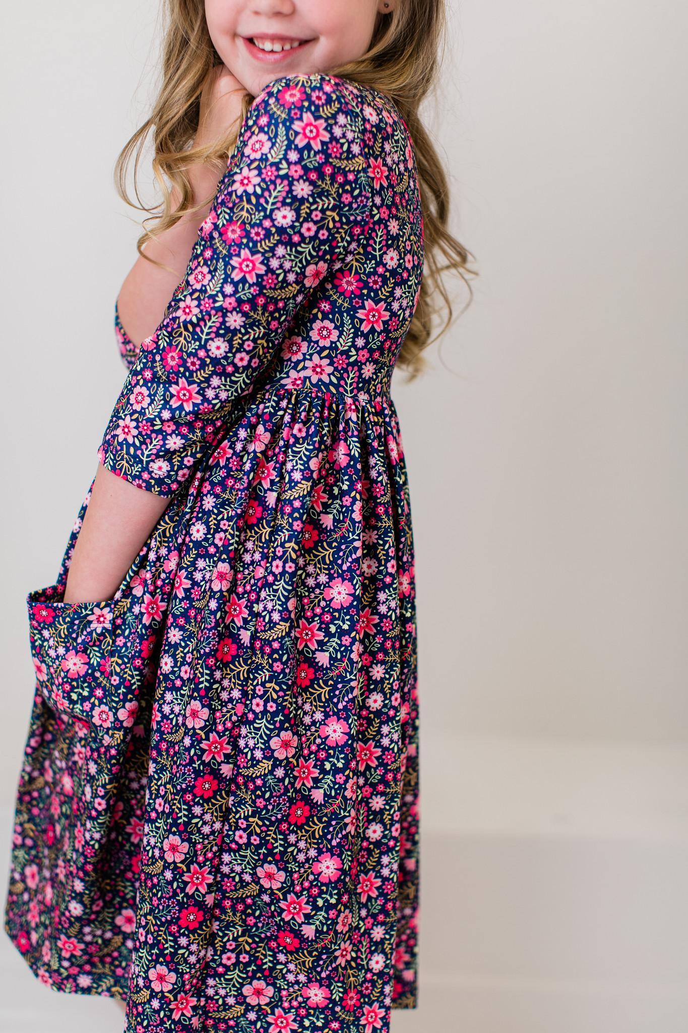 Flower Farm 3/4 Sleeve Pocket Twirl Dress - Aaria Tees Aaria Tees