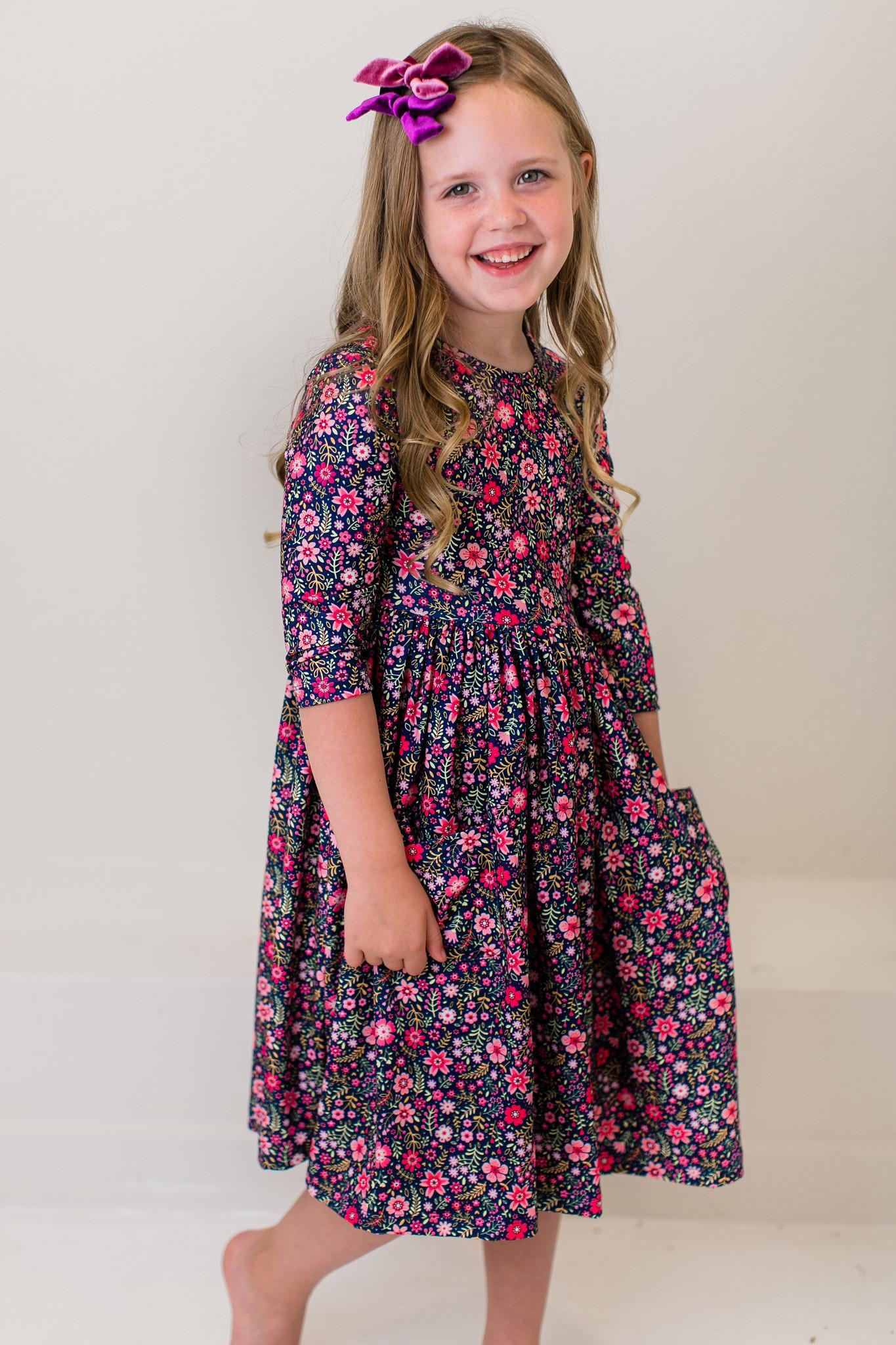 Flower Farm 3/4 Sleeve Pocket Twirl Dress - Aaria Tees Aaria Tees