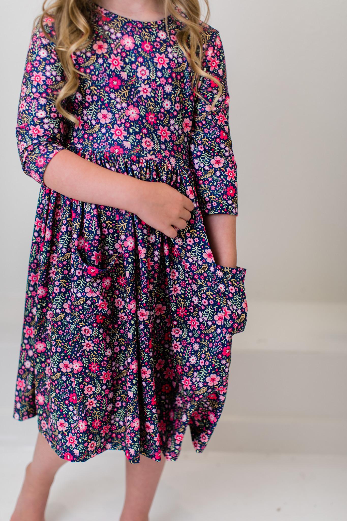 Flower Farm 3/4 Sleeve Pocket Twirl Dress - Aaria Tees Aaria Tees