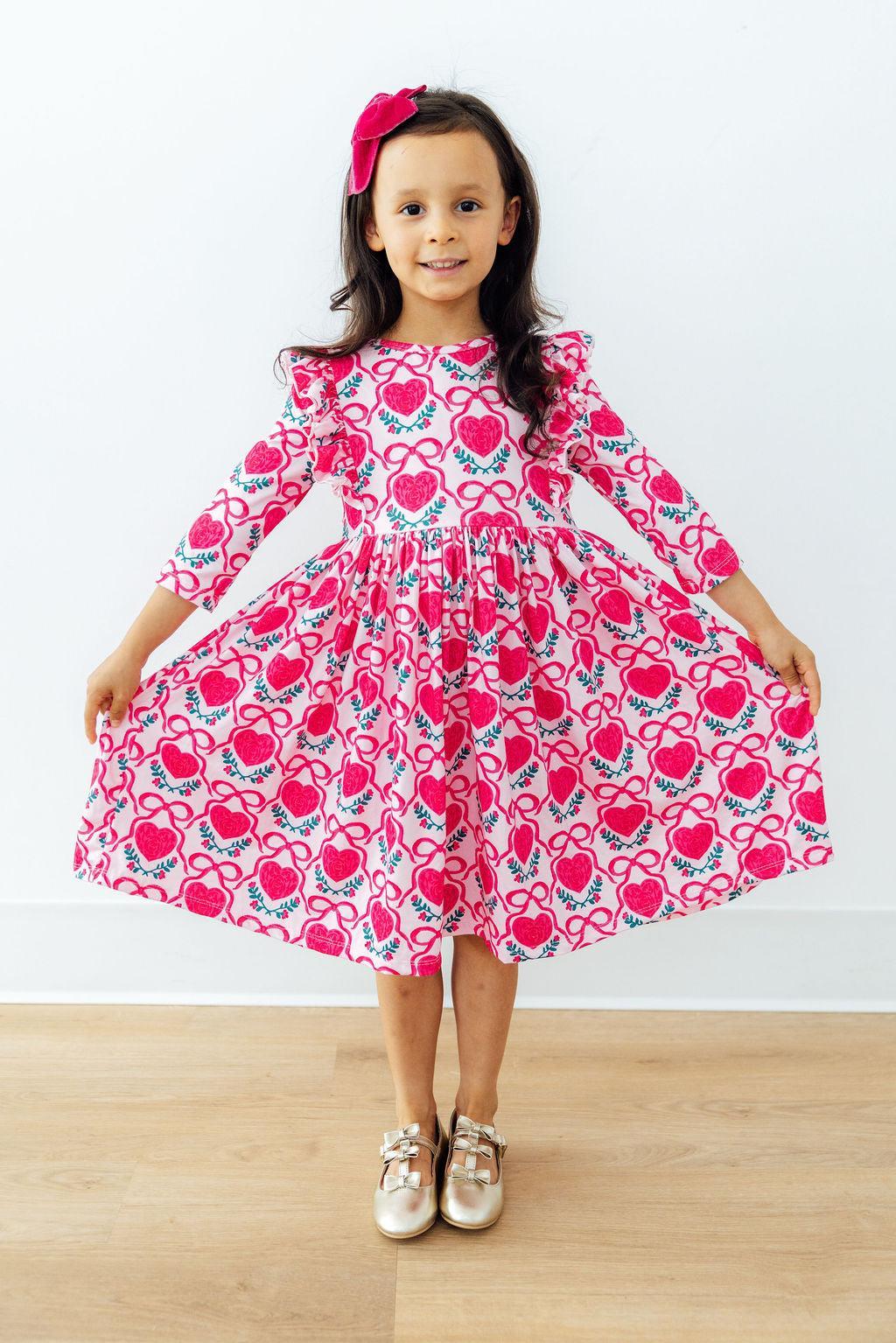 Fluttering Hearts 3/4 Sleeve Ruffle Twirl Dress - Aaria Tees Aaria Tees