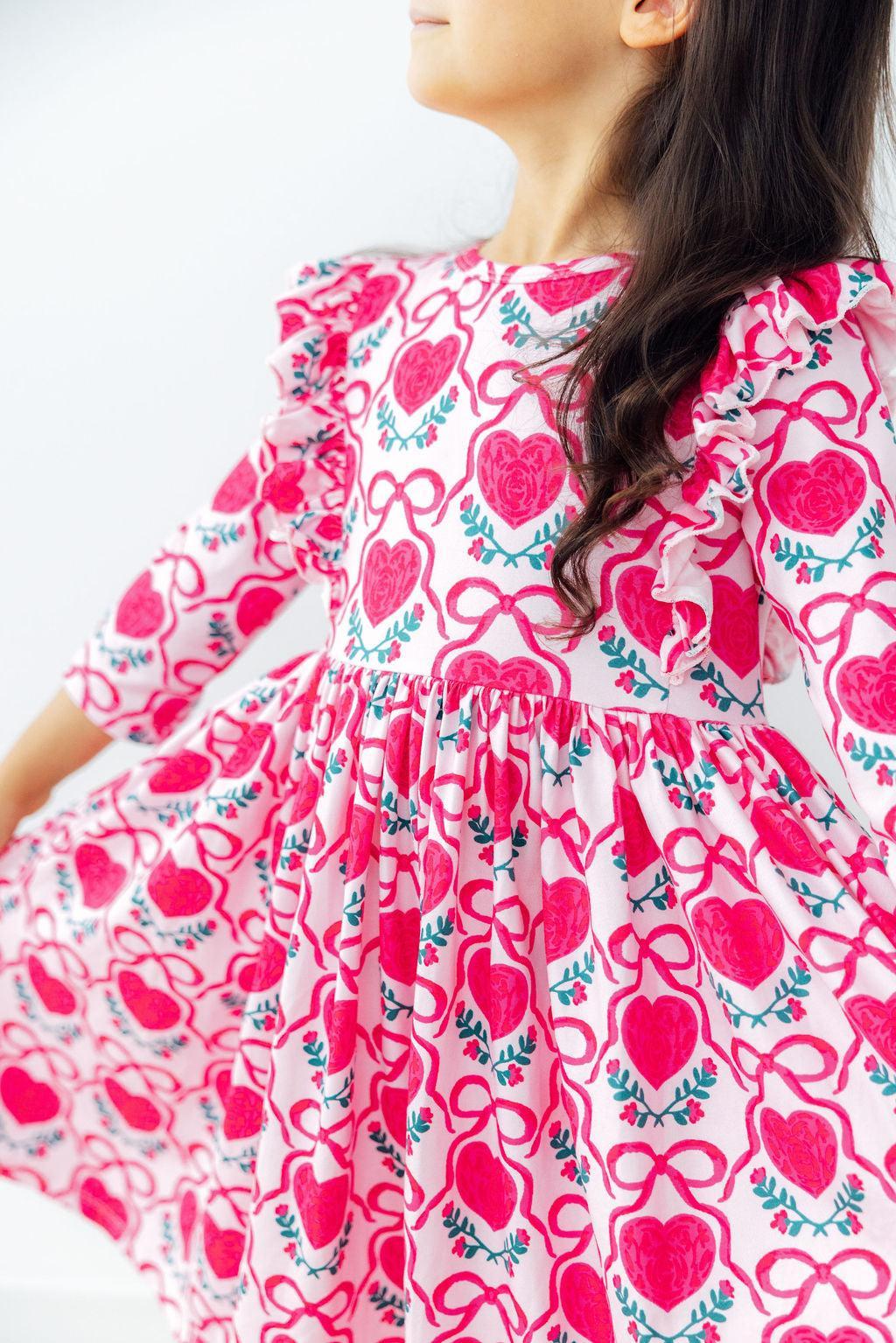 Fluttering Hearts 3/4 Sleeve Ruffle Twirl Dress - Aaria Tees Aaria Tees
