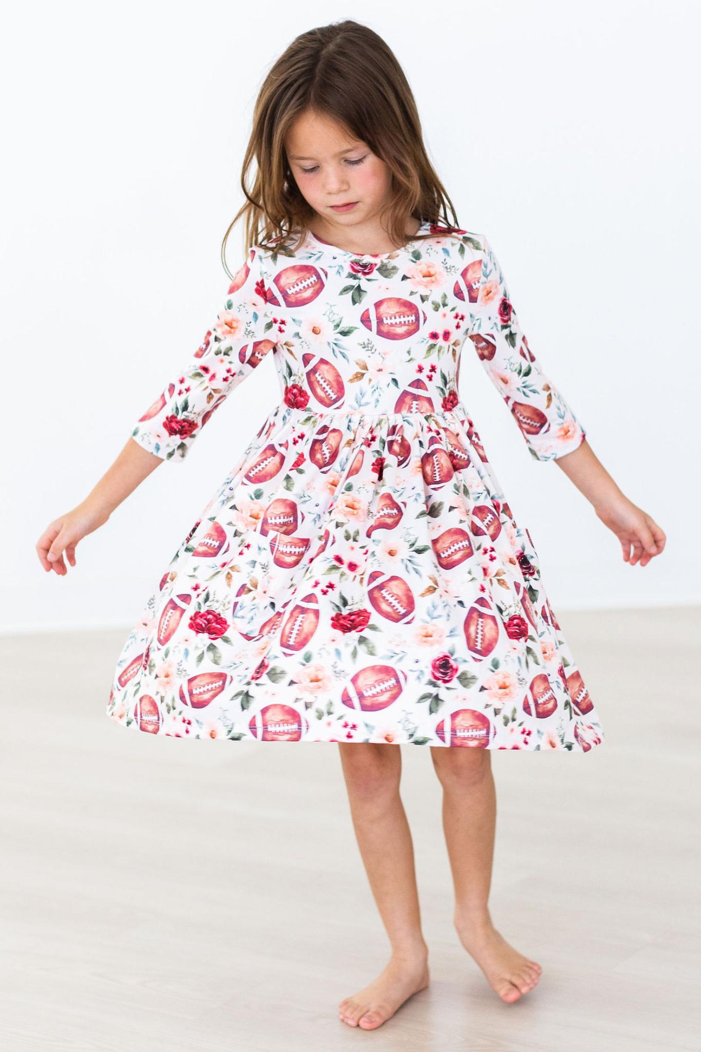 Footballs & Flowers 3/4 Sleeve Pocket Twirl Dress - Aaria Tees Aaria Tees