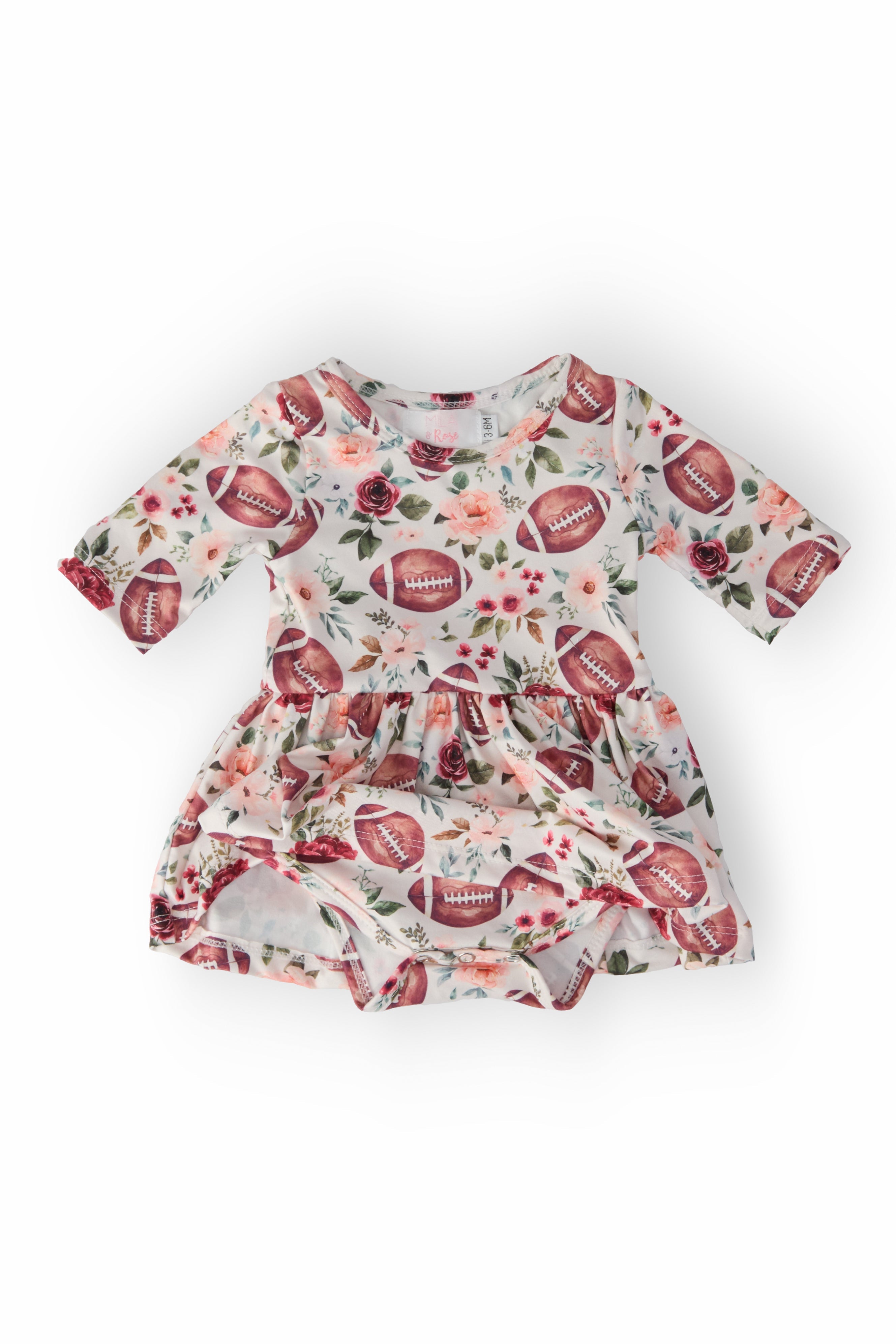 Footballs & Flowers 3/4 Sleeve Twirl Bodysuit - Aaria Tees Aaria Tees