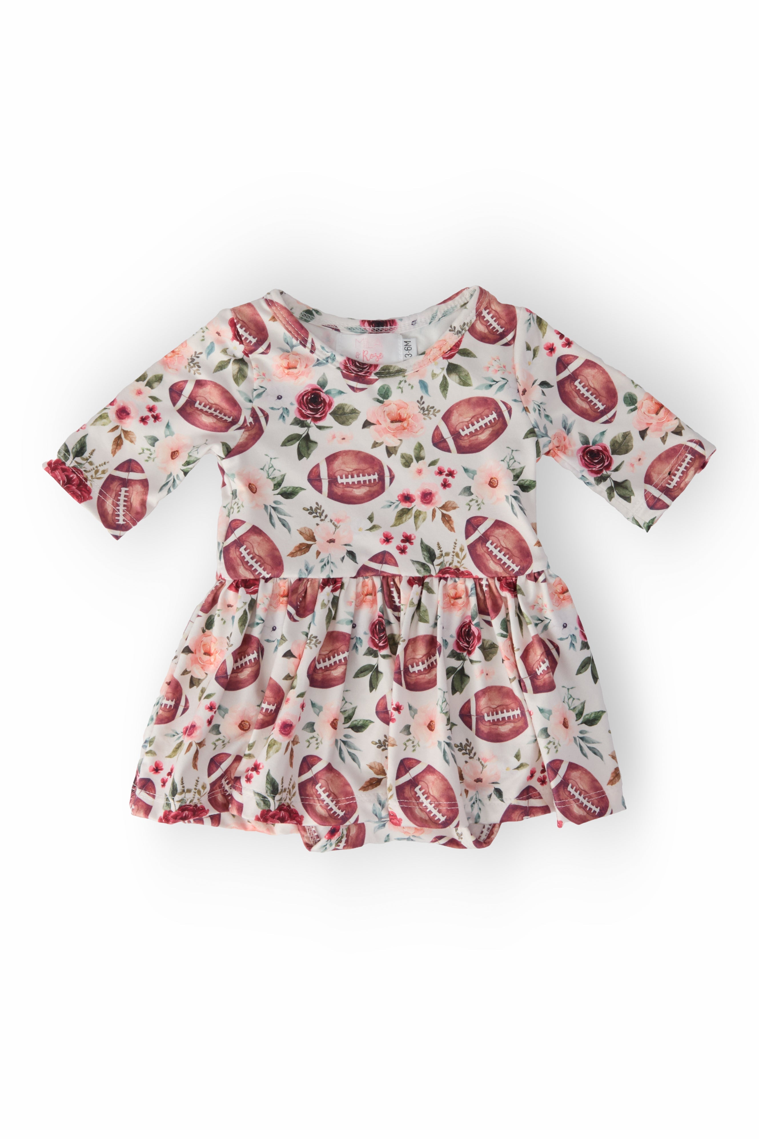 Footballs & Flowers 3/4 Sleeve Twirl Bodysuit - Aaria Tees Aaria Tees