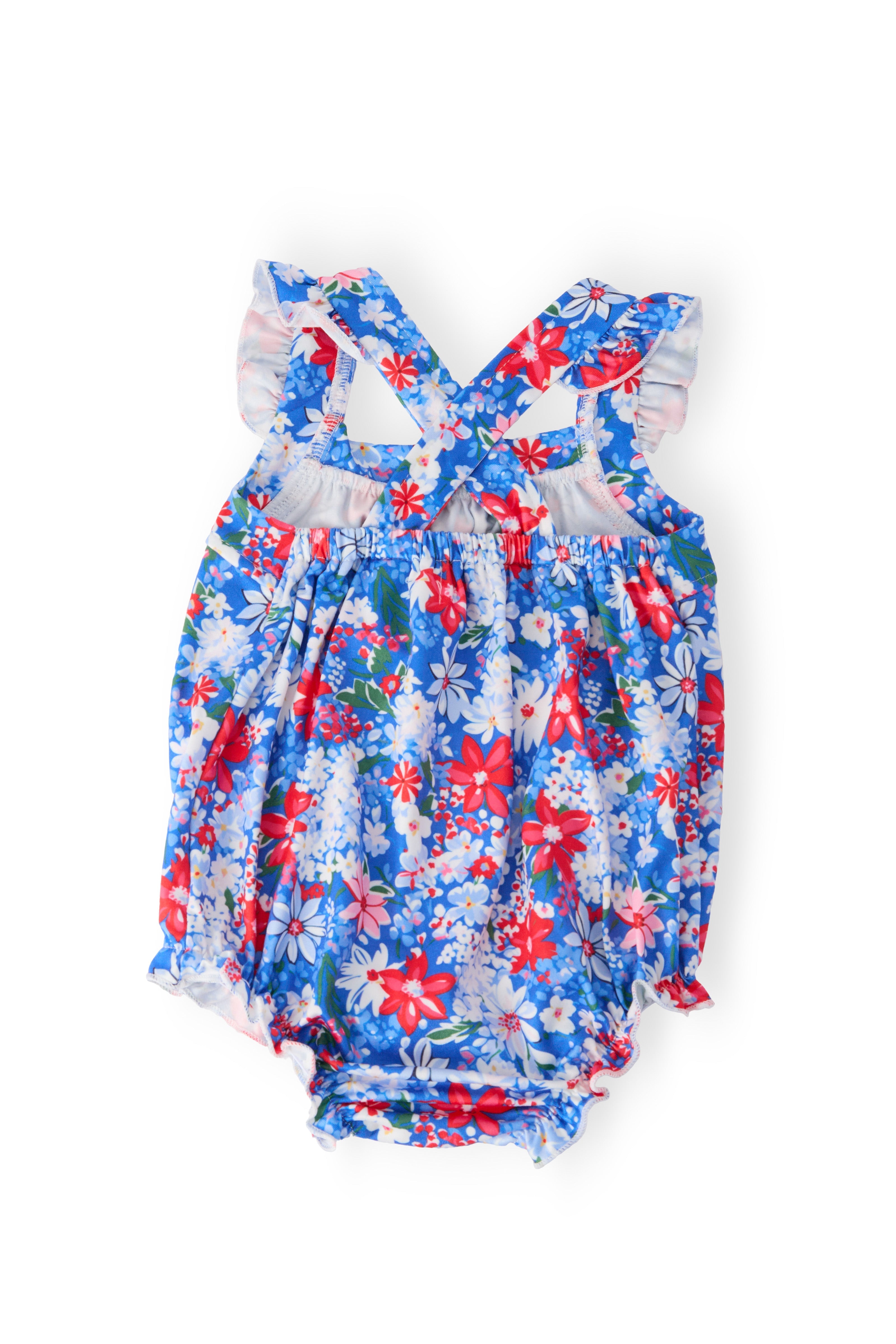 Freedom Flowers Ruffle Cross Back Romper - Aaria Tees Aaria Tees
