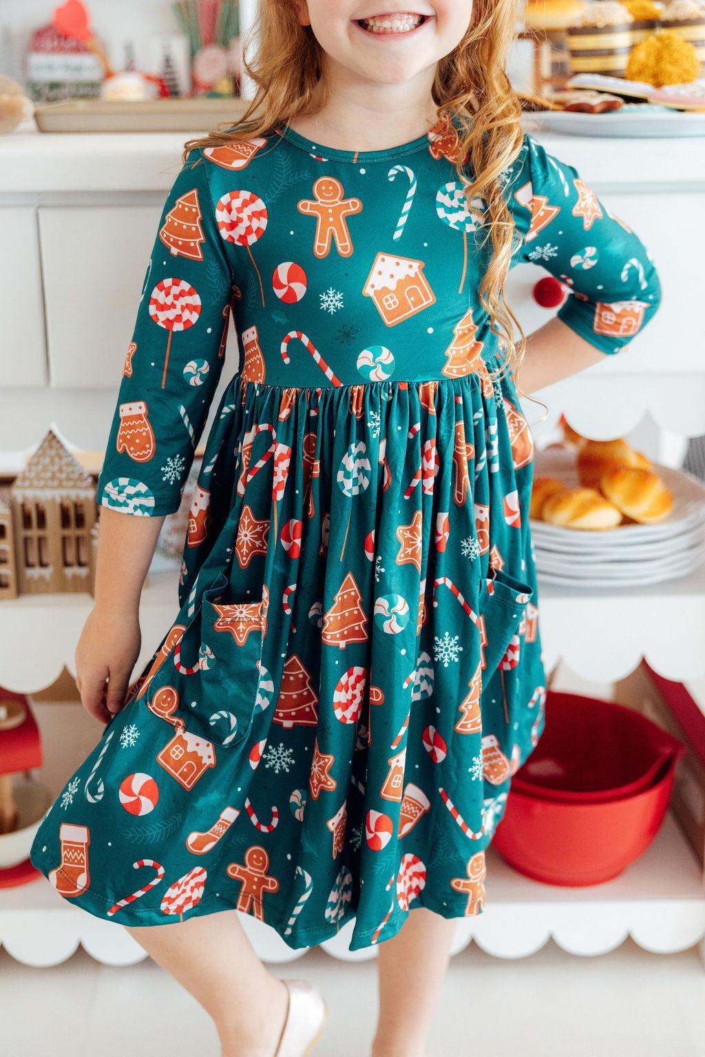 Gingerbread House 3/4 Sleeve Pocket Twirl Dress - Aaria Tees Aaria Tees