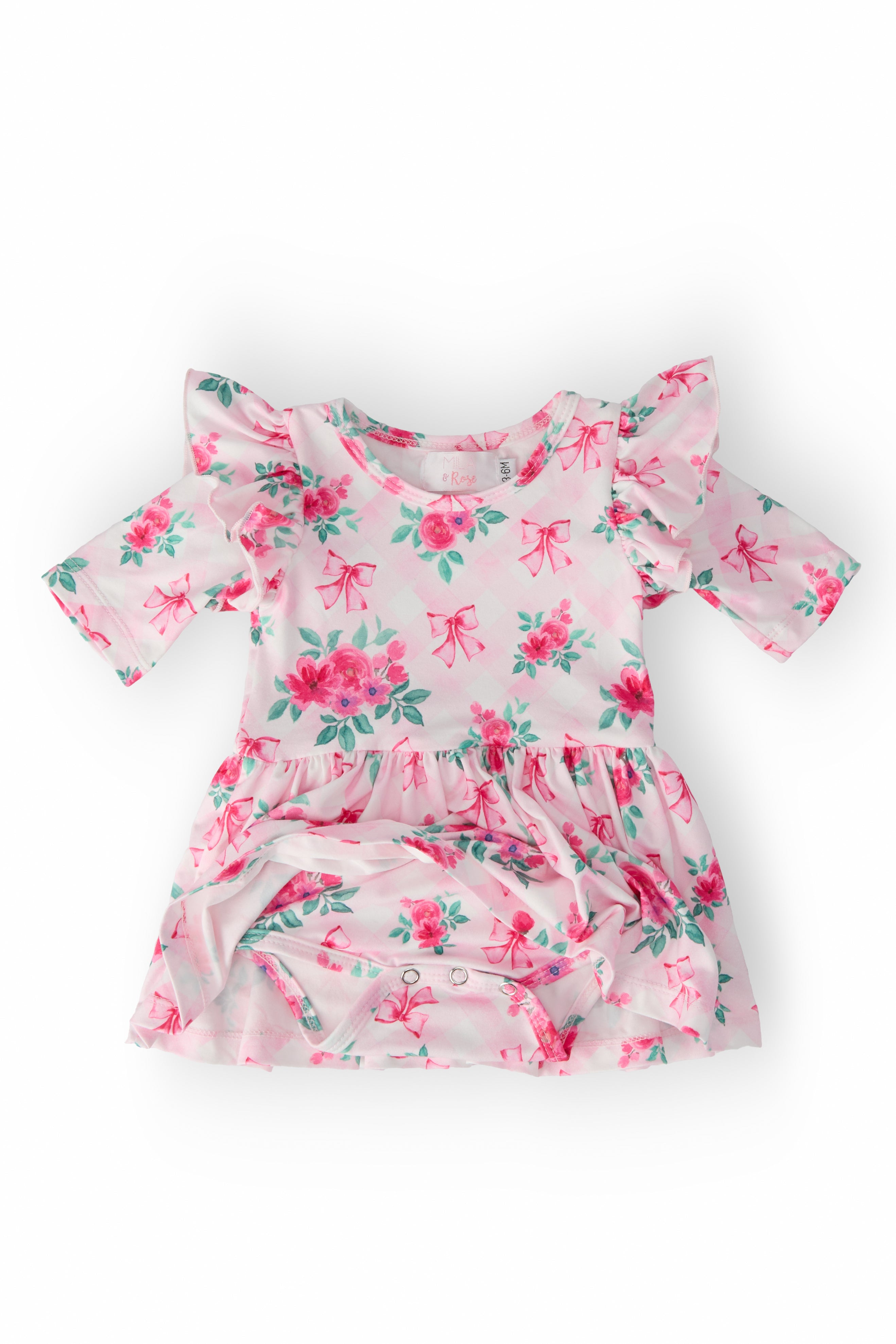 Gingham Bows 3/4 Sleeve Flutter Twirl Bodysuit - Aaria Tees Aaria Tees