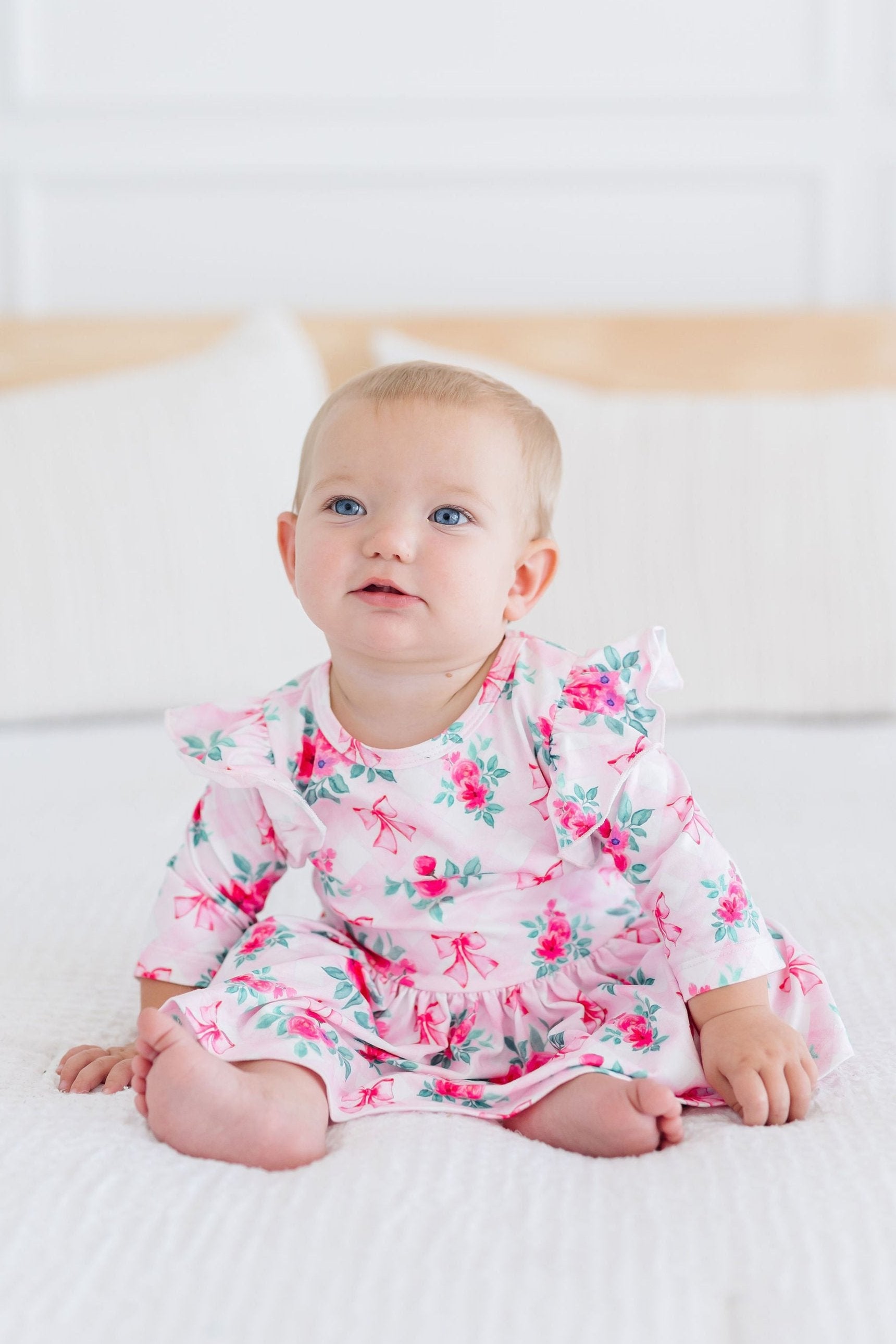 Gingham Bows 3/4 Sleeve Flutter Twirl Bodysuit - Aaria Tees Aaria Tees