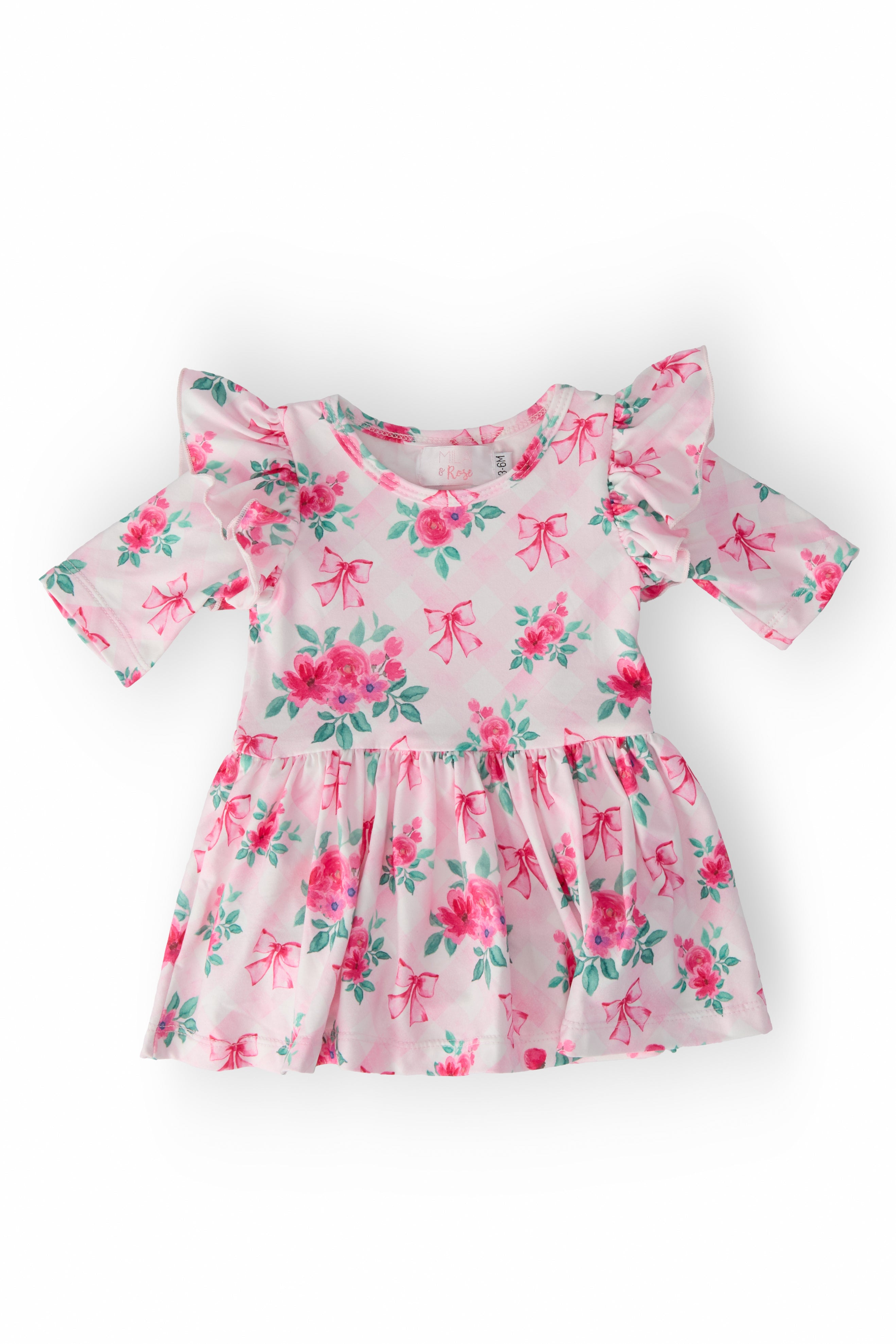 Gingham Bows 3/4 Sleeve Flutter Twirl Bodysuit - Aaria Tees Aaria Tees