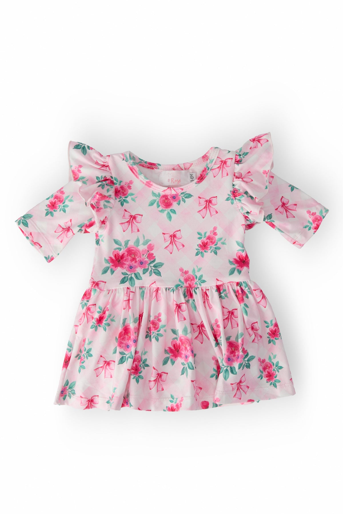 Gingham Bows 3/4 Sleeve Flutter Twirl Bodysuit - Aaria Tees