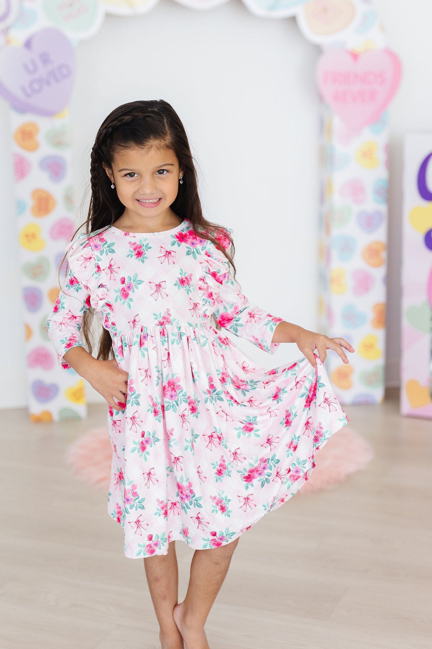 Gingham Bows 3/4 Sleeve Ruffle Twirl Dress - Aaria Tees Aaria Tees