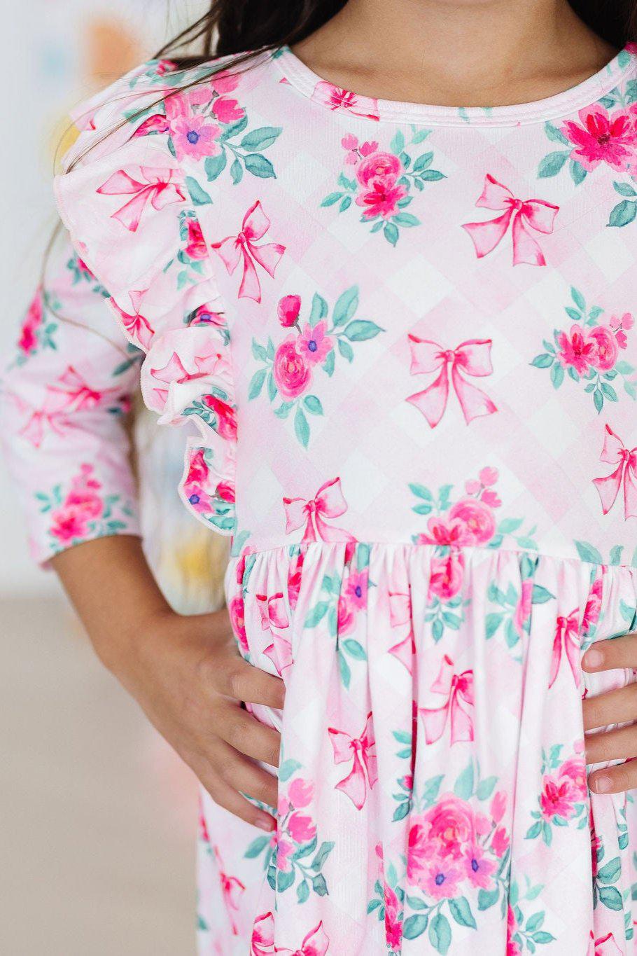 Gingham Bows 3/4 Sleeve Ruffle Twirl Dress - Aaria Tees