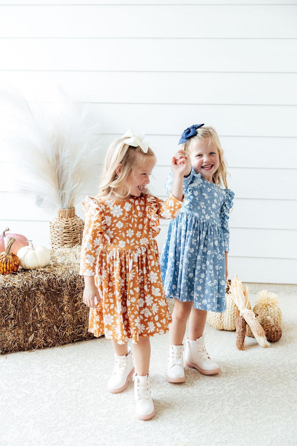 Golden Blooms 3/4 Sleeve Ruffle Twirl Dress - Aaria Tees Aaria Tees