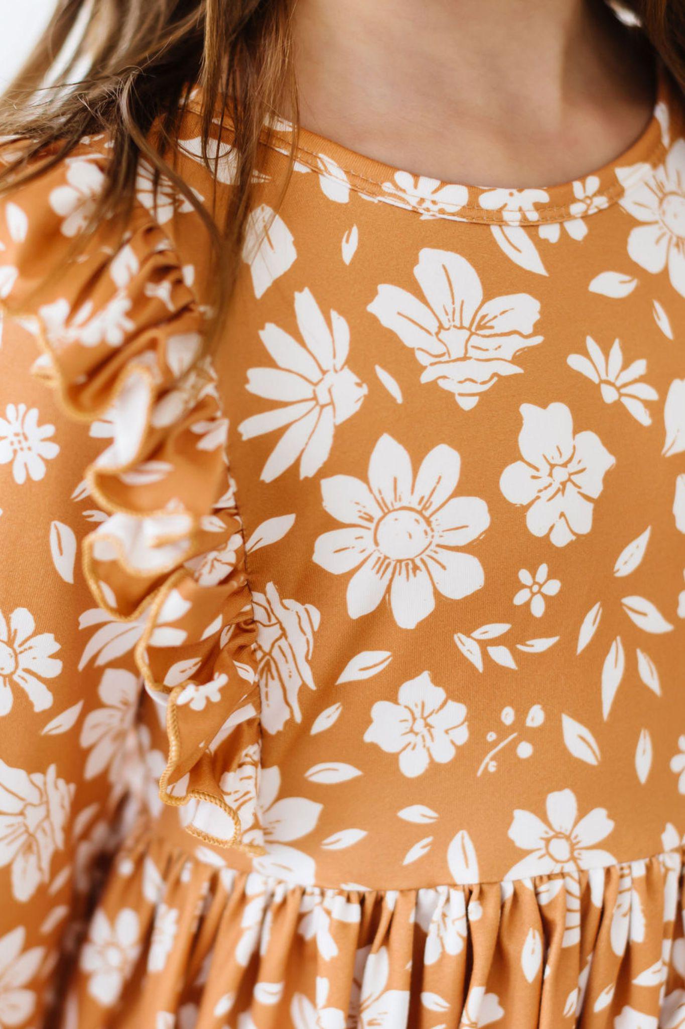 Golden Blooms 3/4 Sleeve Ruffle Twirl Dress - Aaria Tees Aaria Tees