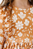 Golden Blooms 3/4 Sleeve Ruffle Twirl Dress - Aaria Tees Aaria Tees