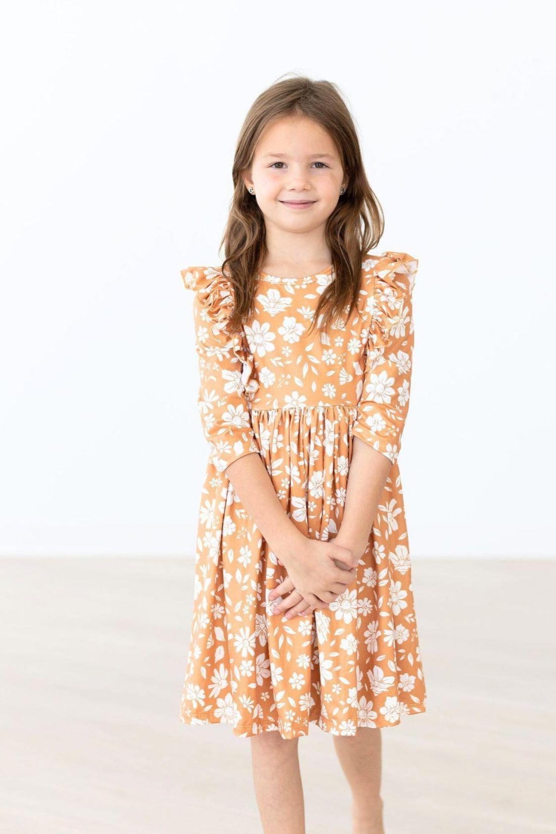 Golden Blooms 3/4 Sleeve Ruffle Twirl Dress - Aaria Tees Aaria Tees