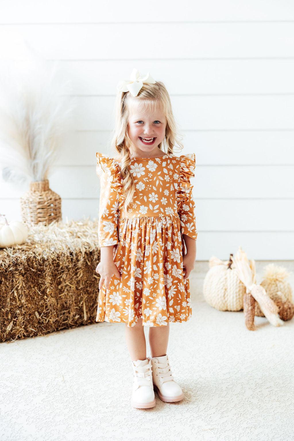 Golden Blooms 3/4 Sleeve Ruffle Twirl Dress - Aaria Tees