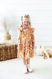 Golden Blooms 3/4 Sleeve Ruffle Twirl Dress - Aaria Tees Aaria Tees