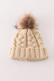 Beige pompom  cable beanie hat - Aaria Tees Aaria Tees