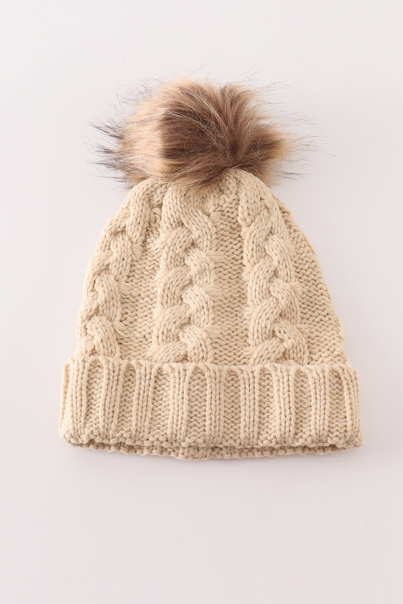 Beige pompom  cable beanie hat - Aaria Tees Aaria Tees