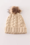 Beige pompom  cable beanie hat - Aaria Tees Aaria Tees
