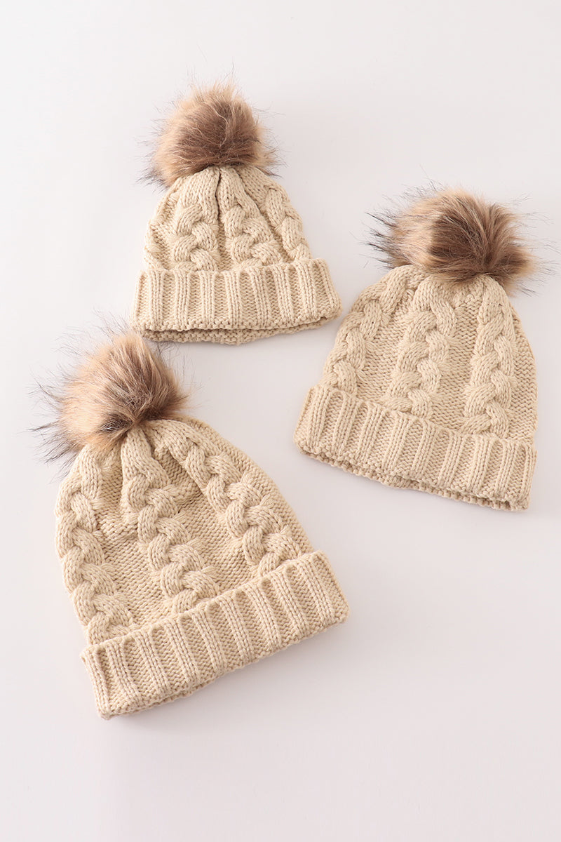 Beige pompom  cable beanie hat - Aaria Tees