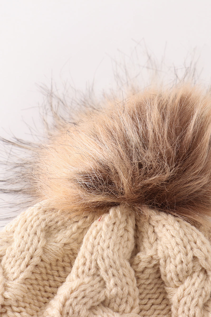 Beige pompom  cable beanie hat - Aaria Tees Aaria Tees