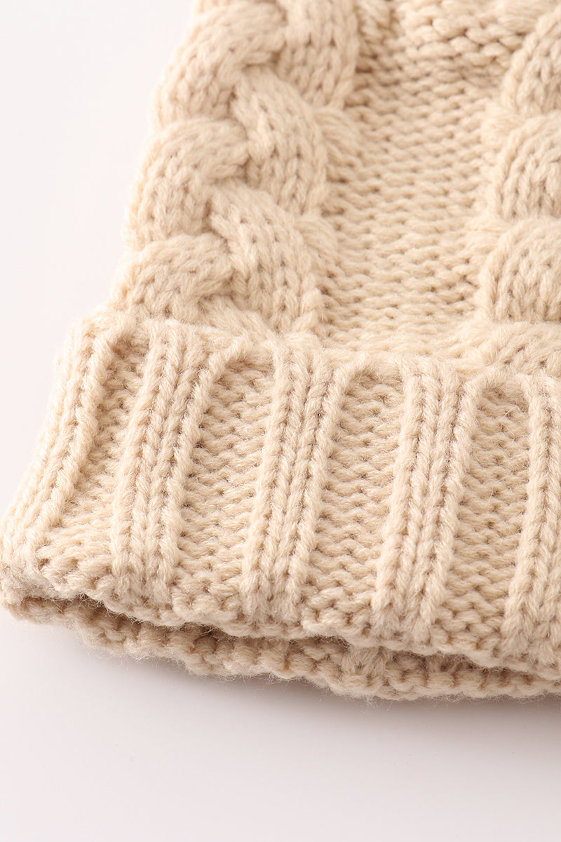Beige pompom  cable beanie hat - Aaria Tees Aaria Tees