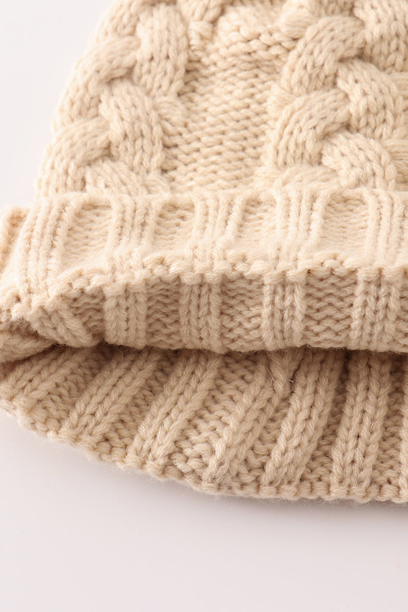 Beige pompom  cable beanie hat - Aaria Tees Aaria Tees