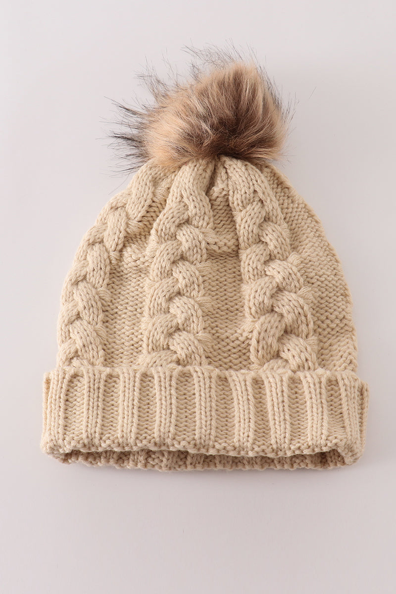 Beige pompom  cable beanie hat - Aaria Tees Aaria Tees