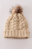 Beige pompom  cable beanie hat - Aaria Tees Aaria Tees
