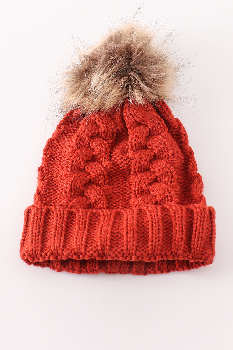 Caramel pompom  cable beanie hat - Aaria Tees Aaria Tees