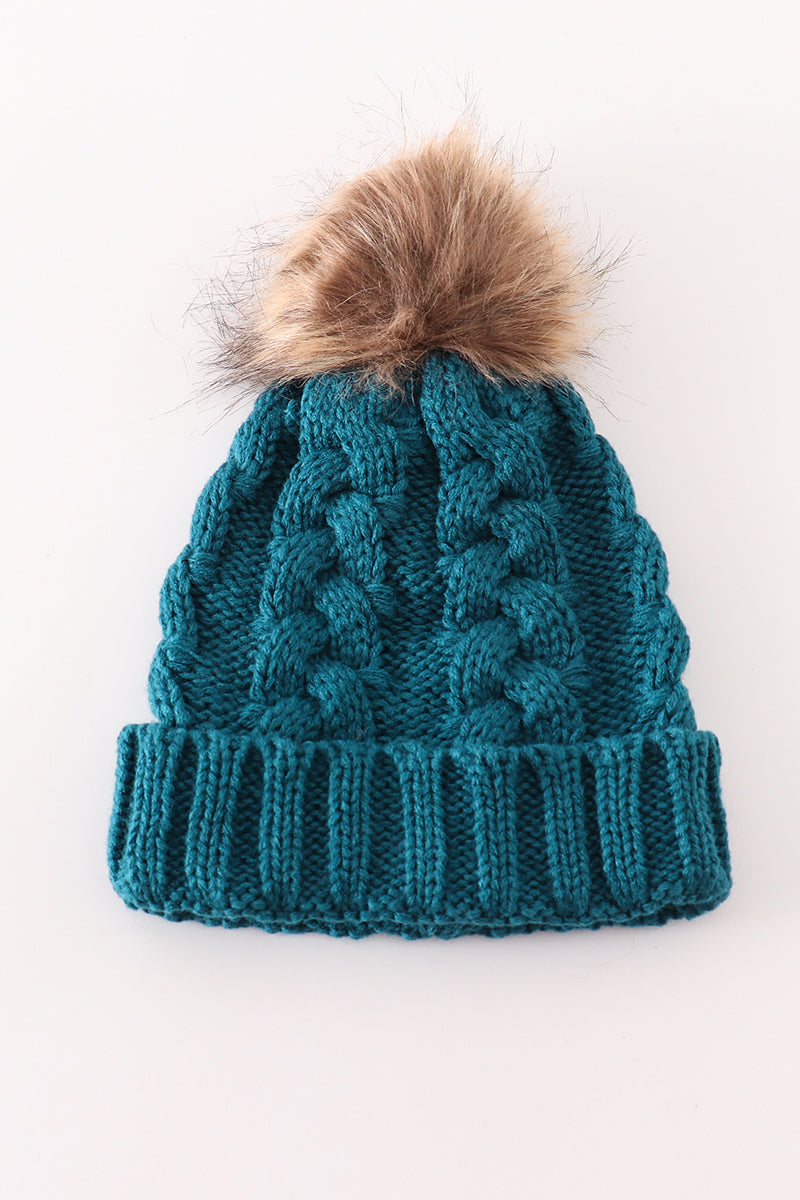 Teal pompom cable beanie hat - Aaria Tees Aaria Tees