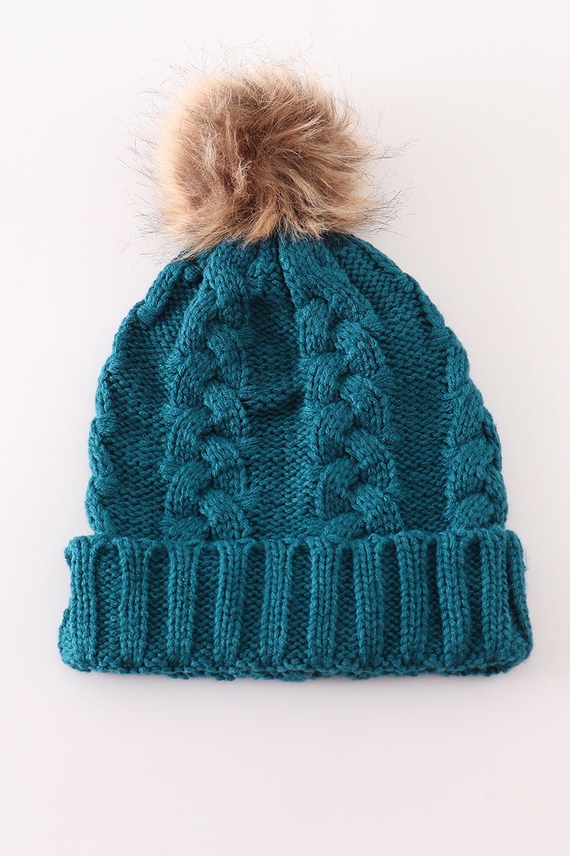 Teal pompom cable beanie hat - Aaria Tees Aaria Tees