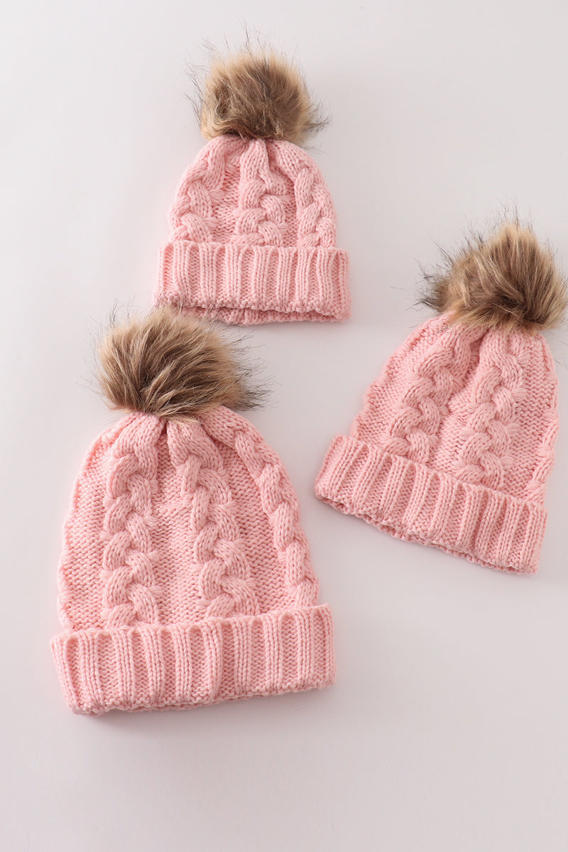 Pink pompom cable beanie hat - Aaria Tees