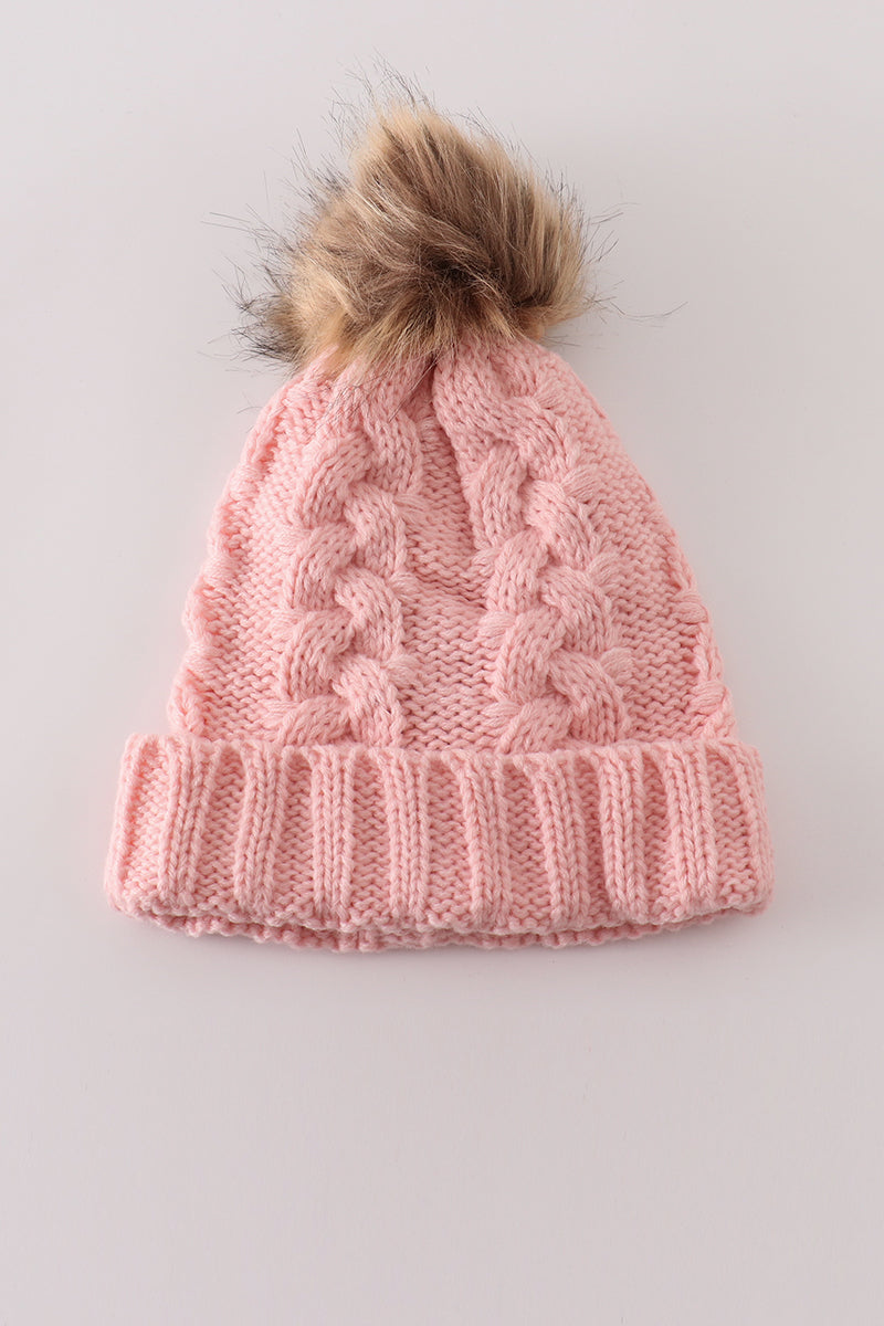 Pink pompom cable beanie hat - Aaria Tees Aaria Tees