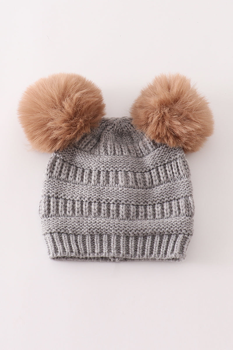 Light grey double pompom cable beanie hat - Aaria Tees Aaria Tees