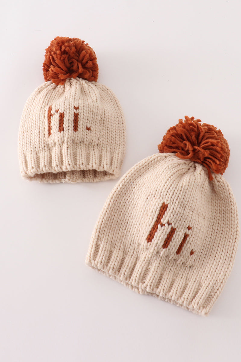 Beige pompom hi cable beanie hat - Aaria Tees