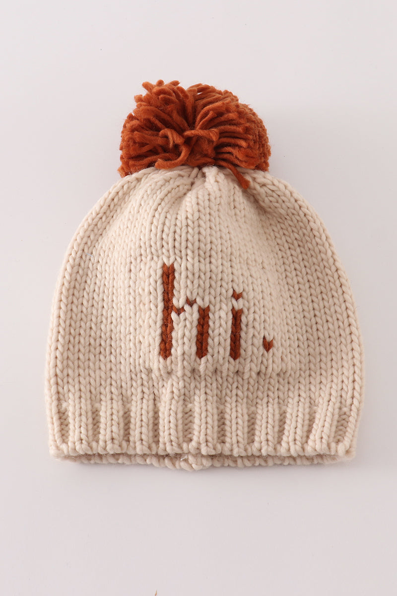 Beige pompom hi cable beanie hat - Aaria Tees Aaria Tees