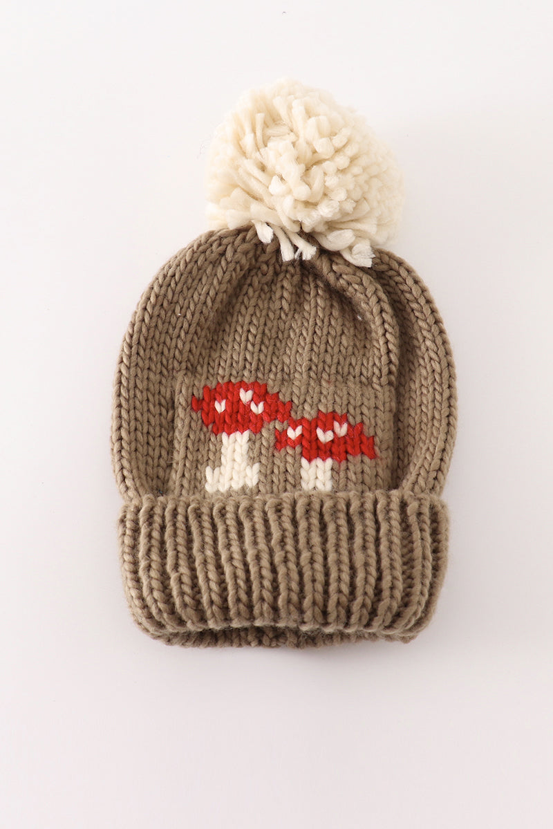 Brown pompom mushroom cable beanie hat - Aaria Tees Aaria Tees