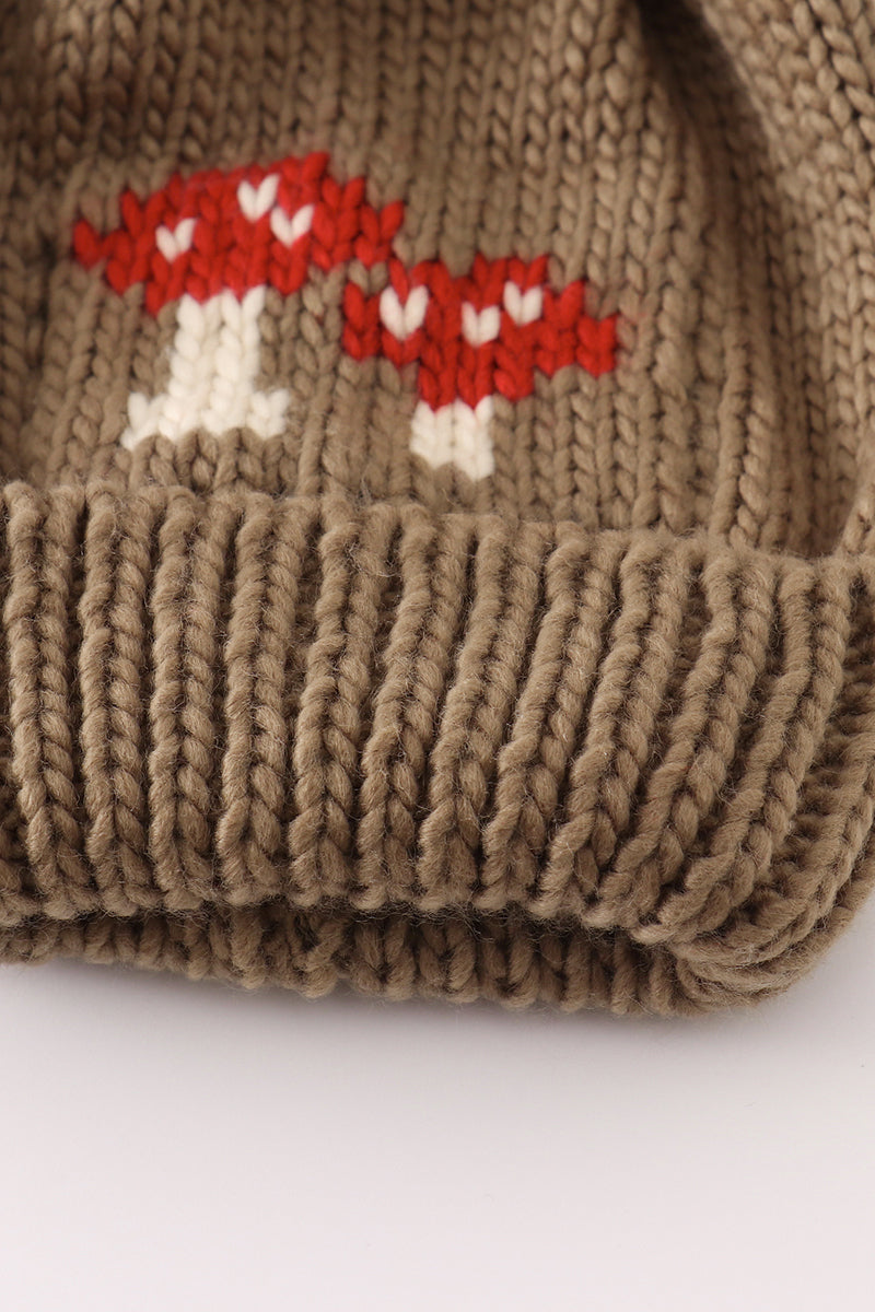 Brown pompom mushroom cable beanie hat - Aaria Tees Aaria Tees