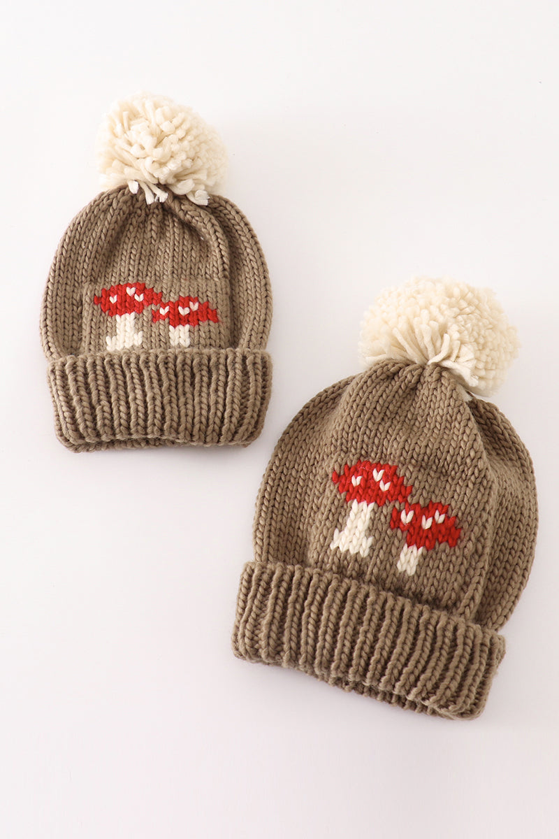 Brown pompom mushroom cable beanie hat - Aaria Tees