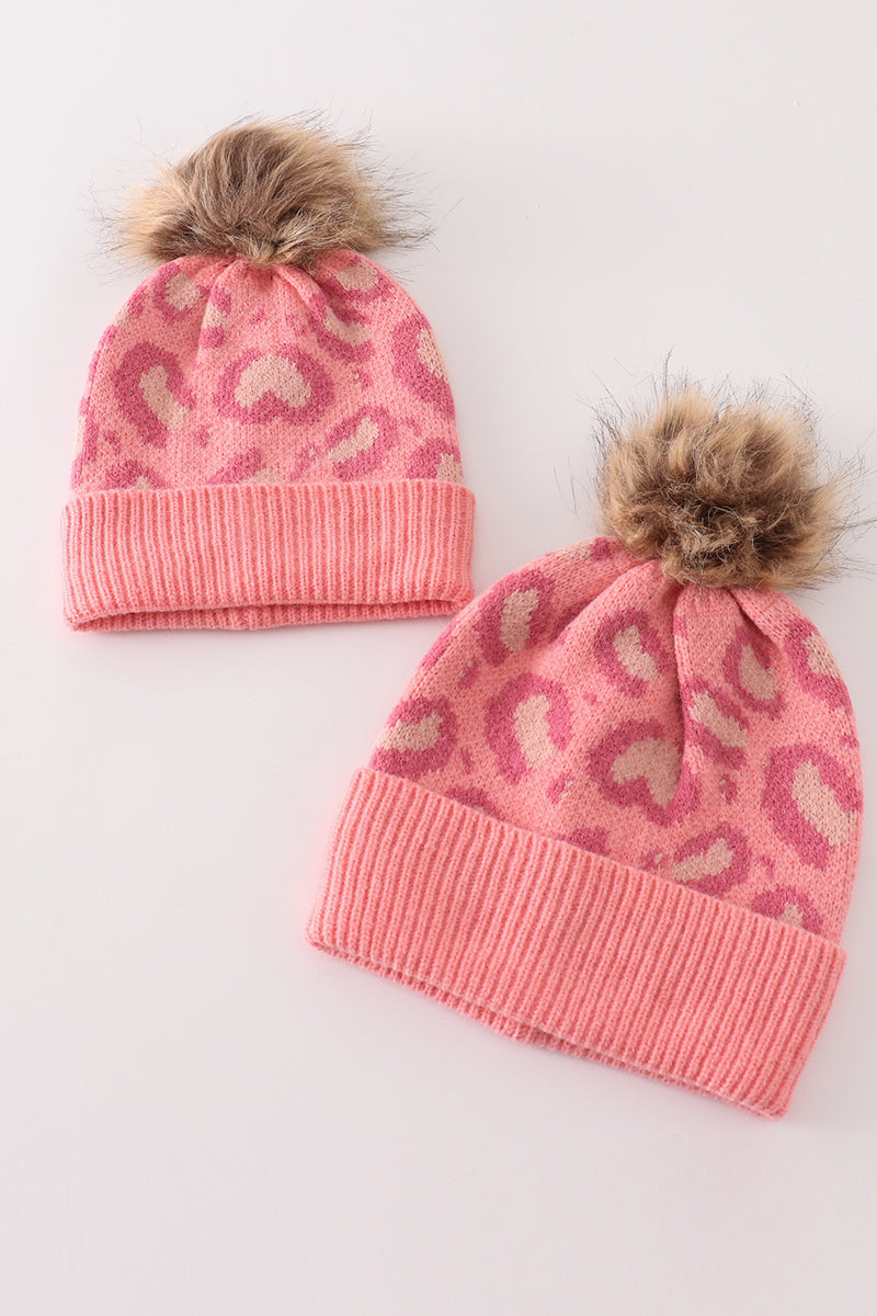Pink pompom leopard cable beanie hat - Aaria Tees