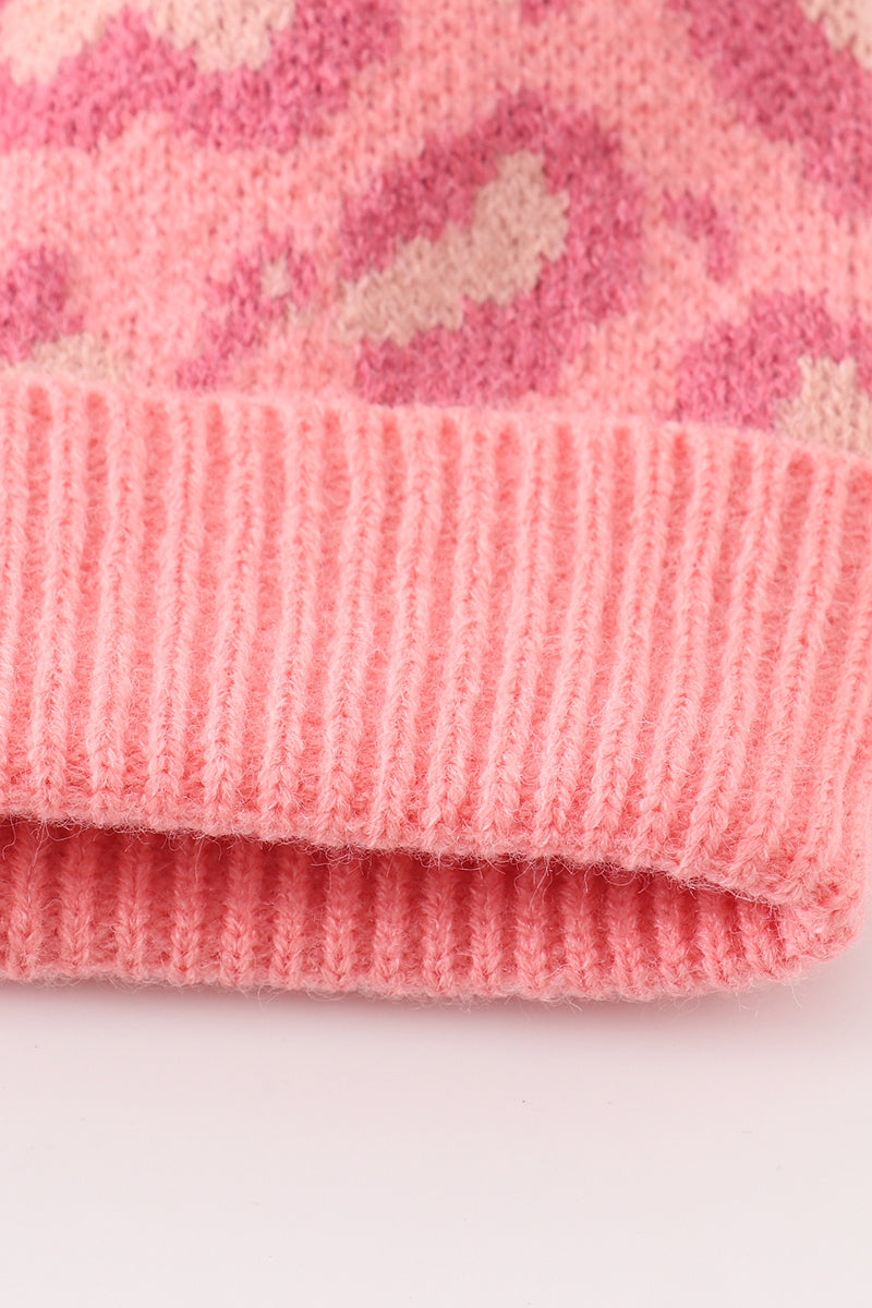 Pink pompom leopard cable beanie hat - Aaria Tees Aaria Tees