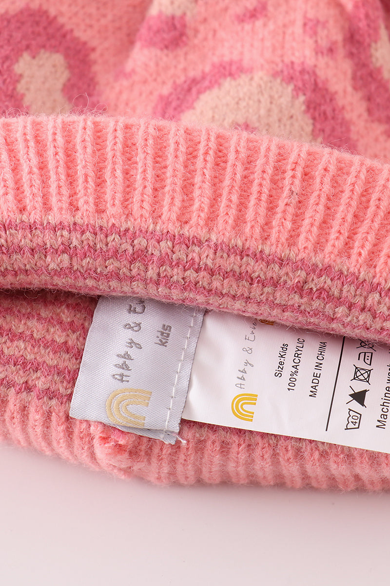 Pink pompom leopard cable beanie hat - Aaria Tees Aaria Tees