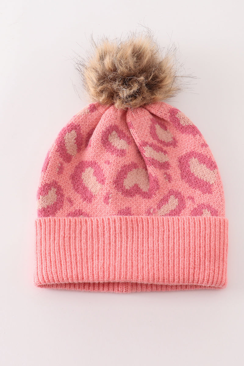 Pink pompom leopard cable beanie hat - Aaria Tees Aaria Tees